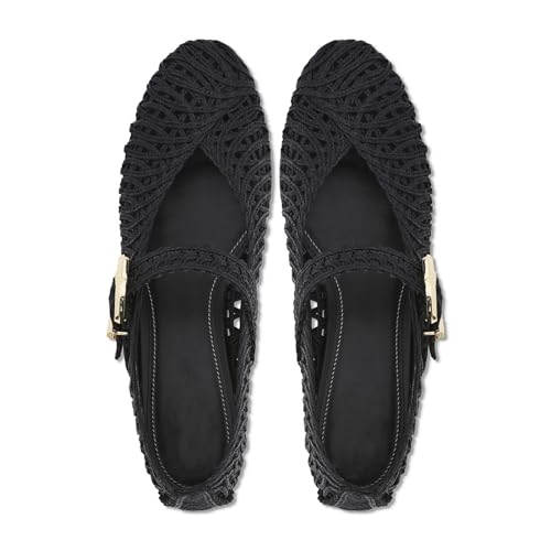 Raffia Ballet Flats for Women Woven Round Toe Ballerina Flats Mary Jane Flat Summer Casual Shoes with Buckle Strap4