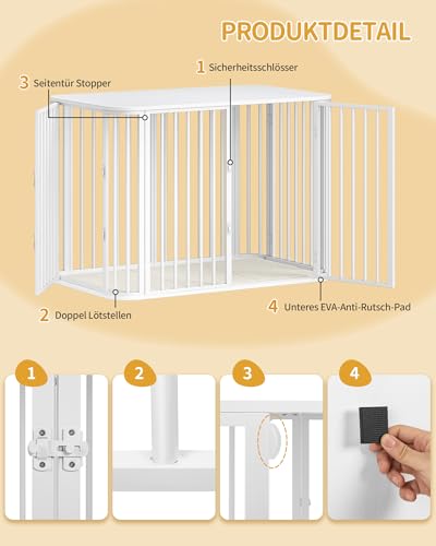 Hzuaneri Hundekäfig Möbel, Indoor Hundebox mit Kissen, Modernes Dreitür-Design, Hochbelastbar Hundekäfige, Beistelltisch aus Holz, Geeignet für Große Hunde, 108 x 66 x 77,5 cm, Weiß DFC86713W