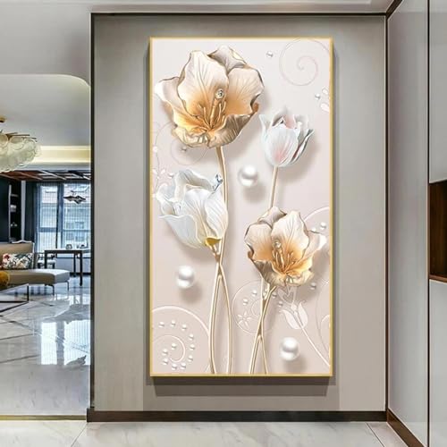 Toile style chinois abstrait fleurs perle or décoration murale salon peinture 30x60