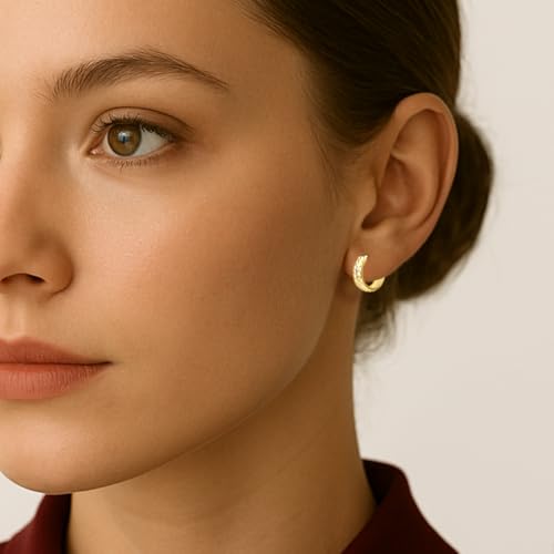 Image of 14K Yellow Gold Huggie Hoop Earrings, Shiny and Small, Round and Oval