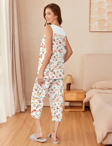 Image of Ekouaer Capri Pajama Sets for Women 2 Piece Soft Cute Pjs Round Neck Sleeveless Lounge Set for Summer Sleepwear S-XXXL