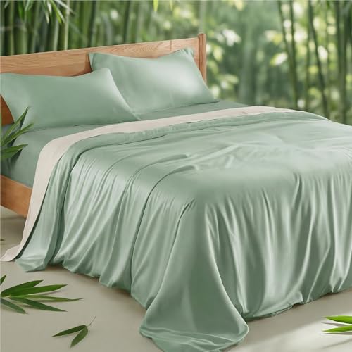 Bedsure Double Duvet Cover Sets - 100% Bamboo Rayon, Cooling Summer Bedding with 2 Pillowcases, Zipper Closure, Sage Green