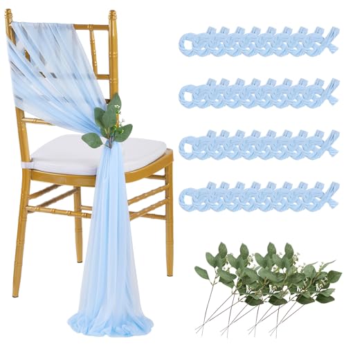 QueenDream Light Blue Sashes Chair Aisle Decorations: 36 Pack Baby Shower Chair Cover 8FT Long Tulle Draping Fabric Wedding Reception Church