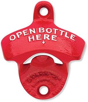 STARR Original Red Open Here Wall Mounted Bottle Opener, American-Owned Powder Coated Cast Iron Bottle Opener with Screws, Vintage-Style Wall Mount for Bar, Garage, Patio, Kitchen, Easy to Install