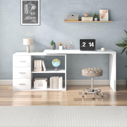 Image of HSH White L Shaped Computer Corner Desk with 3 Storage Drawers 55 inch