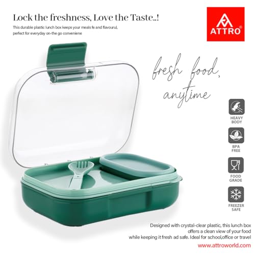 Image of ATTRO Food Bite Kids Plastic Lunch Box - 3 Compartments, 1 Small Container & Spoon, with Stylish Lid BPA-Free, Freezer Safe, Ideal for School, Travel & Outdoor - Green