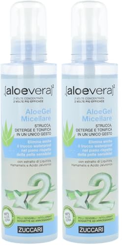 Zuccari Aloevera2 Aloegel Micellare 200ml – Gel micellare 3 in 1 con Aloe Vera, Acido Jaluronico da Aloe e Liquirizia, deterge, strucca e tonifica, ideale per pelli sensibili (Confezione da 2)