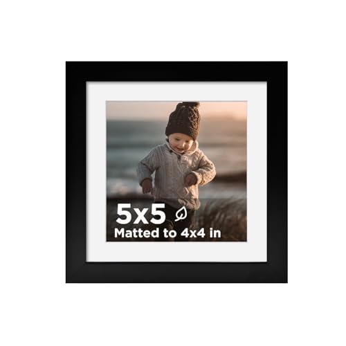 KINLINK 5x5 Picture Frame Black, Wooden Square Photo Frame Matted 4x4 with Plexiglass for 4x4 with Mat or 5x5 without Mat for Table and Wall Display