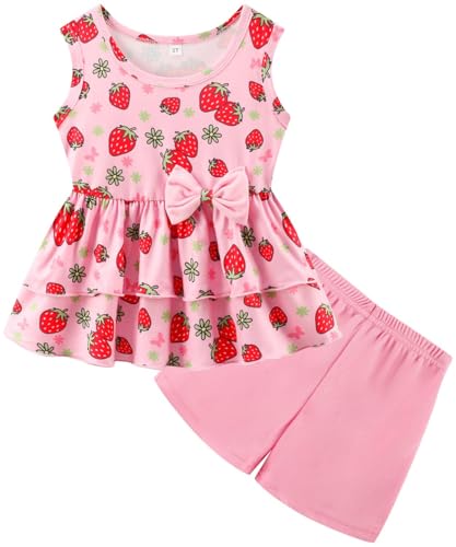Image of Girls 2 Piece Outfit Summer Short Set Sleeveless Bow Knot Tank Top and Shorts Cute Clothes for Toddler Girls