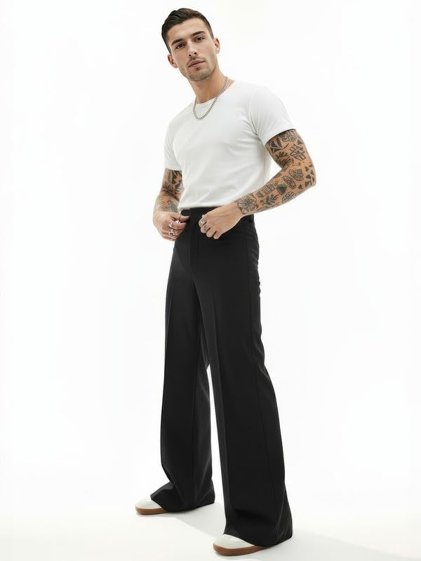 Image of FUGAZEE Black Highwaisted Bell Bottom Trousers for Men | Soft Cotton Twill Fabric | Wide Flared Bottom Pants | Regular Rise with Belt Loops | Retro 70s Style Streetwear Fashion