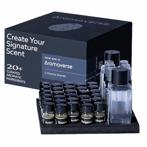 Aromaverse LHomme Grande Perfume Making Kit - Make Your Own Perfume Kit for Women & Men with 30 Aromatic Ingredients Spray Bottles Droppers & 6 Recipes Masculine Fresh Woody & Spicy Notes