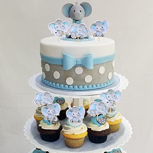 36 PCS Blue Elephant Cupcake Toppers It's a Boy Baby Shower Cupcake Picks for Elephant Theme Gender Reveal Baby Shower Kids Boys Birthday Party Cake Decorations Supplies