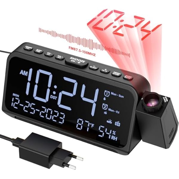 Radiobudzik z projekcją, budzik z projektorem do sypialni, typ C i port USB, dzień tygodnia/weekend, zegar projekcyjny DST, ściemniacz/temperatura/data, cyfrowy budzik na stolik nocny do biura