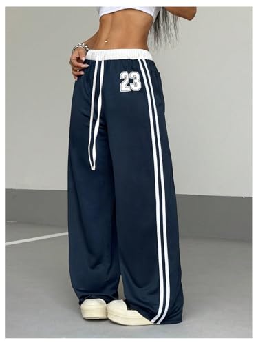 Women's Y2k Number Graphic Baggy Pants Side Striped Wide Leg Drawstring Waist Loose Track Pants Trousers Streetwear4