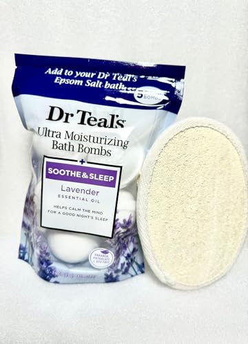Dr.Teal's 5 Ultra Hydrating Bath Bombs Gift Set in Soothing Lavender with Essential Oils for Women and Men, 1 Exfoliating Pad