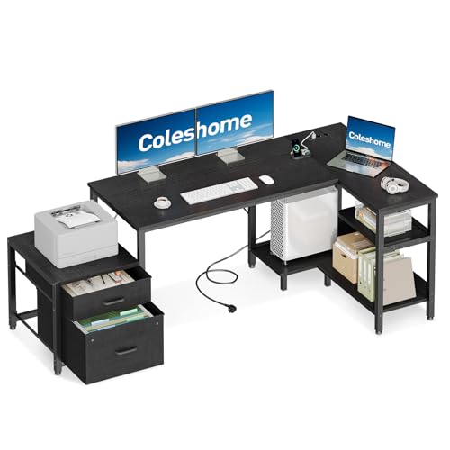 Coleshome Escritorio de Esquina para Computadora de 160x80 cm con Cajones de Tela, Escritorio en Forma de L para Oficina con Toma de Corriente, Mesa de Estudio Reversible, Negro