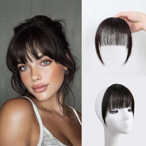 XIXISNOW Clip in Bangs 100% Real Human Hair Extensions Invisible Fake Curtain Curved French Fringe Bang with Temples Faux Natural Clips on Hairpieces for Women Girls Party Daily Use Black Brown