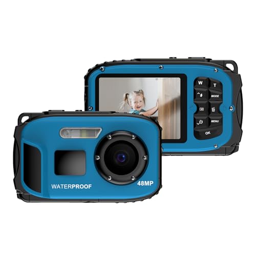 Camnoon 1080P Waterproof Digital Camera 48MP Digital Video Camera 2.4 Inch IPS Screen IP68 5M Body Waterproof Depth Auto Focus 4X Digital Zoom Built-in Battery Birthday Festival Gift for Kids