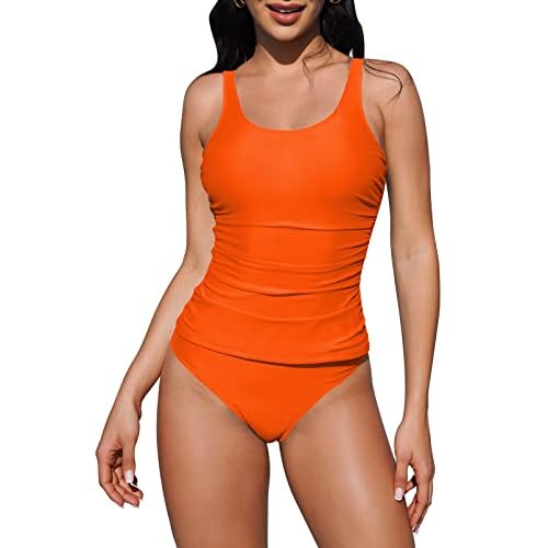 Pink Queen Women Two Piece Tankini Swimsuit Tummy Control Bathing Suit Ruched Tank Top with Bikini Bottoms Small Orange