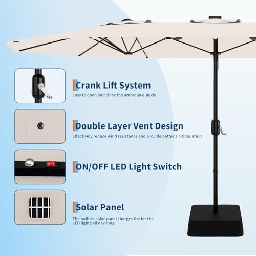 Garvee 15 ft Rectangular Patio Umbrella with Solar Lights & Base Included - Large Patio Umbrella with Crank Handle 36 LED Lights, UV Protection for Outdoor Market, Backyard, Deck, Pool, Beige by Garvee - Used condition - Image 3