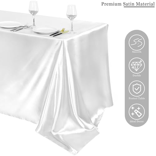 Image of TURSTIN 8 Packs White Satin Tablecloth 102 x 58 Inch Overlay Satin Table Cover Rectangle Bright Silk Tablecloth Smooth Fabric Table Decoration for Wedding Banquet Party Events