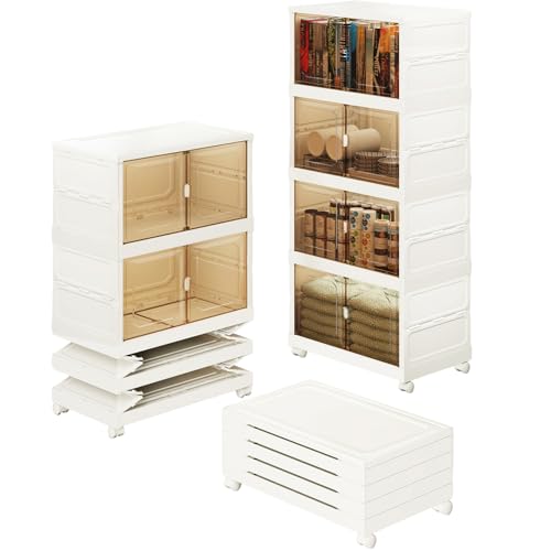 220 QT Large Collapsible Plastic Storage Bins, 4 Tier Stackable Storage Bins for Closet Bedroom, Large Plastic Containers with Wheels, Storage Cabinet with Magnetic Doors, White (220QT-4Tier)