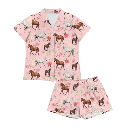 Image of Renewold Women's Short Sleeve Pajama Set Button Down Sleepwear with Notch Collar Soft Lounge Top and Shorts with Pockets