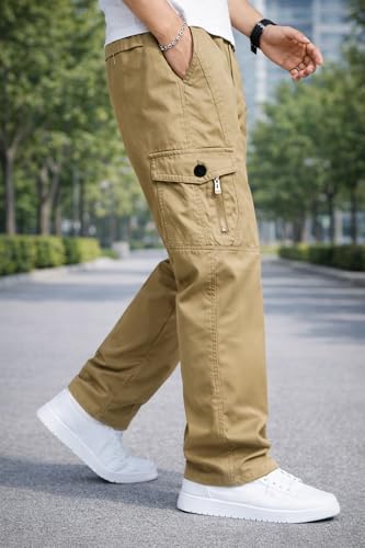 Image of Men's Utility Cotton Cargo Trousers,Men's Multi-Pocket Casual Cargo Pants