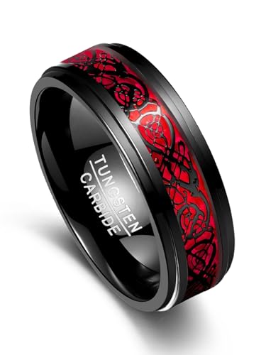 Vakki Herrenring 8mm Schwarz Wolfram Ring Keltische Drachen-Eheringe mit Rotes Opalpapier für Männer Größe 68.5(21.8)