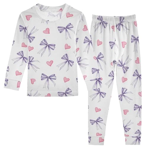 Pajama Sets Long Sleeve Purple Bows Pink Hearts Soft Comfy Sleepwear 2 Piece PJS 3-8T