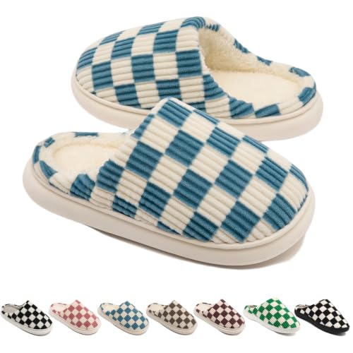 Image of Yueerlu House Slippers for Women Men, Fuzzy Checkered Mens Womens Slippers Warm Memory Foam House Shoes Indoor Outdoor with Faux Fur Lining