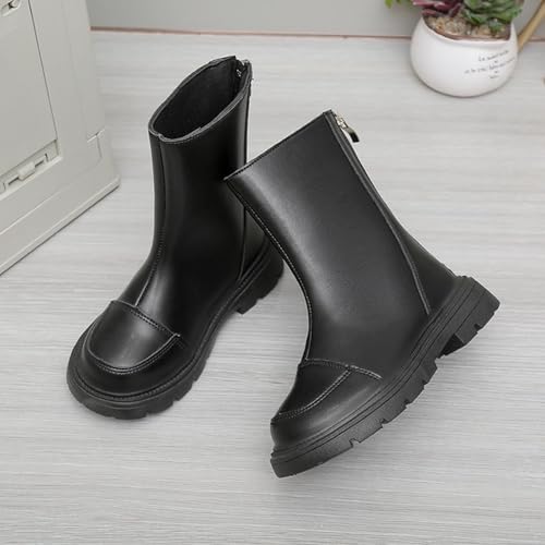 Girl's Waterproof Leather Zipper Mid Calf Combat Boots Solid Riding Boots Fall Winter Dress Shoes2