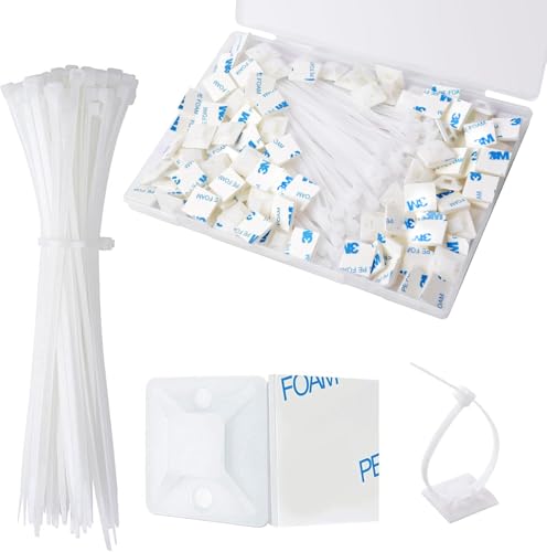 Strong Back-Glue Self Adhesive Cable Zip Tie Mounts Kit - 50 Set Cable Management Clips with 6