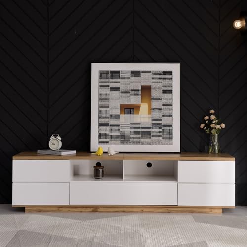 PUGSDRLY Meuble TV avec Rangement,5 Portes et 8 Compartiments,Meuble TV Bas,Design élégant et Moderne,Blanc et Couleurs de Bois Originales (180x38x46cm)
