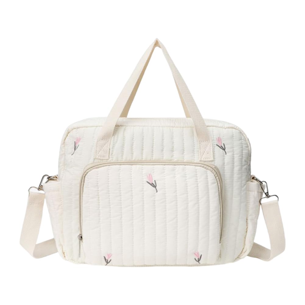 Bear/Flower Quilted Baby Nappy Bag Multifunctional Crossbody Maternity Bag Cotton Messenger Shoulder Bag Adjustable Strap Diaper Handbag (Style 2)
