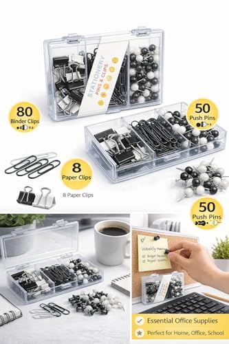 Image of Sumiko Black & White Paper Clip Box Stationery Set - 50 Push Pins 8 Paper Clips 80 Binder Clips 3 Compartments | Portable Paper Clips & Pins Kit for Home School Office & Gifts for All