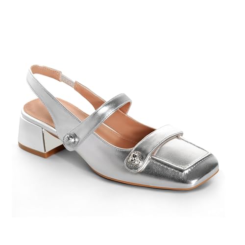 Image of Slingback Mary Jane Heels for Women Low Block Heel Closed Square Toe Pump Shoes Heels Classic Daily Office Dressy Shoes