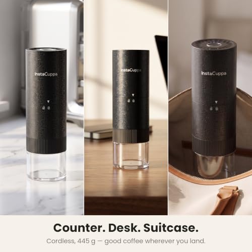 Image of InstaCuppa Portable Electric Burr Coffee Grinder for Espresso, Pour Over and French Press, Stainless Steel Conical Burr, USB-C Rechargeable, Doses into 51 mm Portafilter, 25 g Capacity, Black