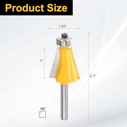 Image of HARFINGTON 15 Degree Chamfer Router Bit 1 /4 Inch Shank 1 inch Cutting Length Carbide Tip with Bearing for Woodworking Milling Cutter Tool, Yellow