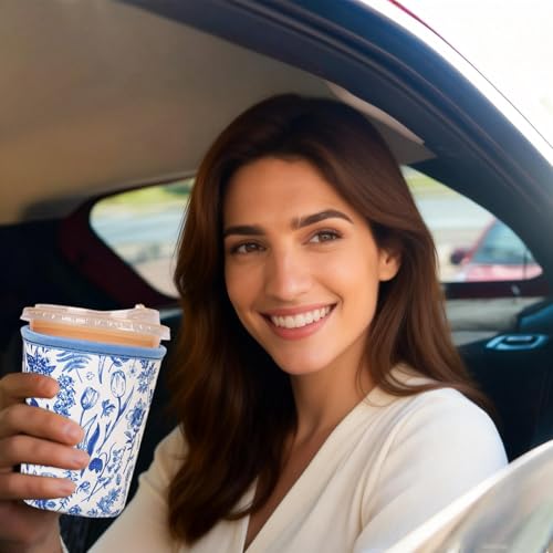 Image of Reusable Insulated Sleeve for Iced Coffee Cup, Coffee Neoprene Sleeve for Cold & Hot Drinks, Beverage Holder for Iced Coffee (Blue Fern Florals, Small: 16-18oz)