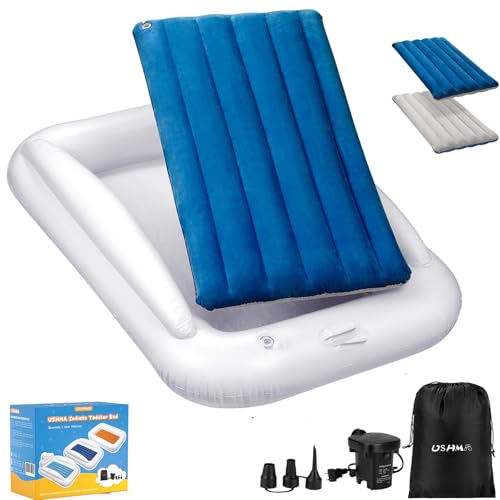 Image of USHMA Inflatable Toddler Travel Bed, Portable Toddler Bed | Kids Air Mattress with Sides | Reversible 2 Colors Kids Blow Up Mattress -Navy Blue & Grey