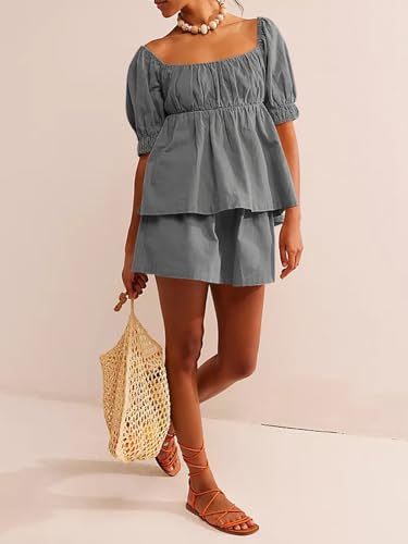 Image of Tankaneo Womens 2 Piece Outfits Summer Square Neck Short Puff Sleeve Babydoll Tops and Shorts Matching Set