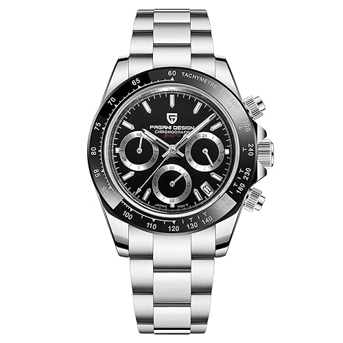 Pagani Design Herren Keramik Lünette Edelstahl Armband Chronograph Wasserdicht 100 m Saphirglas Herrenuhr(Schwarz G)