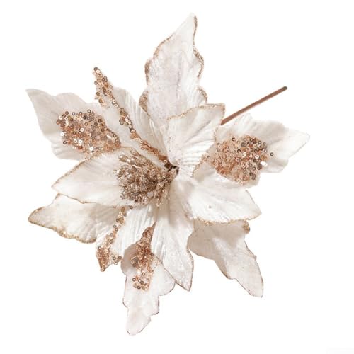 Flores de Navidad artificiales de tela de 20 cm, adornos de flores de Pascua con purpurina en cuatro colores para árbol de Navidad, guirnalda, fiestas y decoración del hogar (blanco)