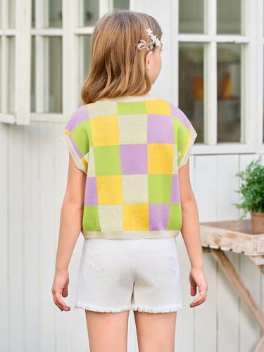 Image of Haloumoning Girls Summer Crop Tops Color Block Vest Cute Tanks Cap Sleeve Tee Loose Kids Knit Top 5-14 Years