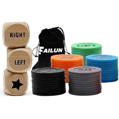 FAILUN Left Right Center Dice Game Set,3 Wooden Dices and 50 Pcs Game Coins with Drawstring Bag, Easy to Store and Carry Around, Convenient for Travel(3Dices+50Pcs) Cover
