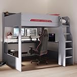 Flair Furnishings Wooden High Sleeper Beds for Kids, Single Gaming Bed with Desk, Heavy Duty and Sturdy, Space-Saving Design (Grey)