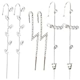 Veemoon 6 aretes punk, con gancho para la oreja, con diamantes de imitación, sin perforación, sin perforación, con diamantes de imitación para mujer, aleación de plata, 7.5X1CM, Metal, Sin piedra