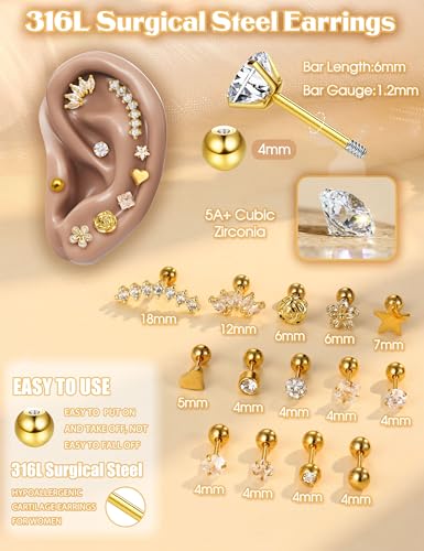 YADOCA 16 Gauge Cartilage Earrings for Women Hypoallergenic Surgical Stainless Steel Gold Cartilage Earring Set Daith Conch Tragus Helix Piercing Jewelry4