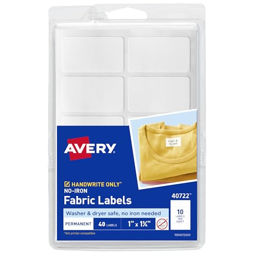 Avery No-Iron Fabric Labels, 1" x 1-3/4", Washer and Dryer-Safe Waterproof Labels, Non-Printable, 40 Blank Labels Total (40722)